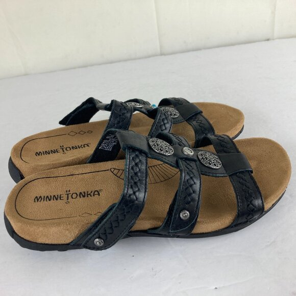 Minnetonka Womens Sz 6 Black Leather Strappy Sandals Slip On Slide Flats - Picture 4 of 7